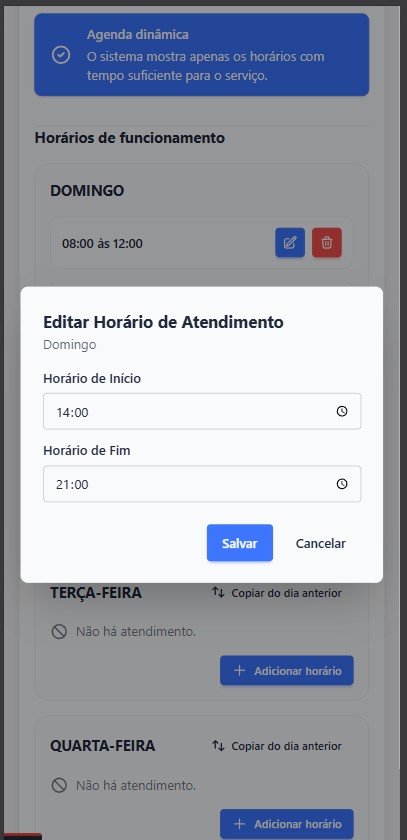 Editar horário de atendimento por dia